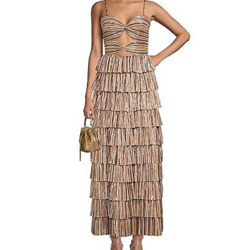 Gianni Bini Grace Metallic Plisse Sweetheart Neck Cut-Out Tiered Dress, Size 8